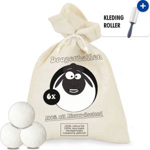 Drogerballen Wol XL 6 stuks Inclusief Kledingroller -Duurzaam Wasverzachter Drogerbollen Wasdrogerballen Wasbollen