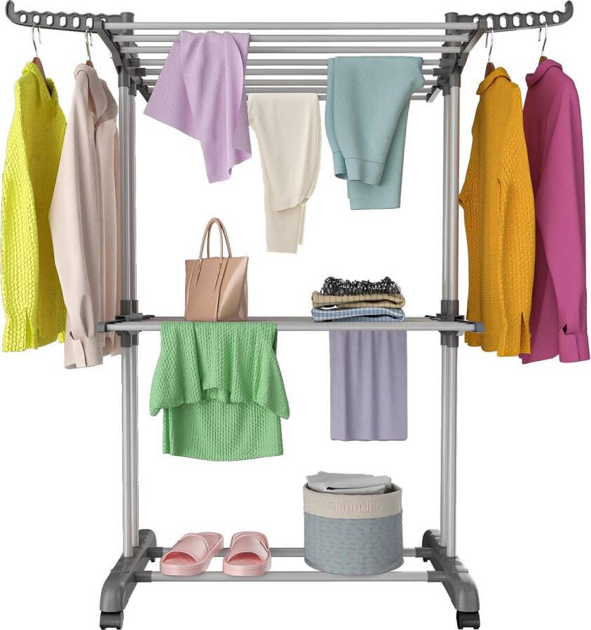 Innotic Clothes Airer with Wheels Multifunctional 3 Tier Clothes Airer Tower Foldable Small Clothes Airer Space Saving with Wings Laundry Tower for Indoor and Outdoor Use (Grey)