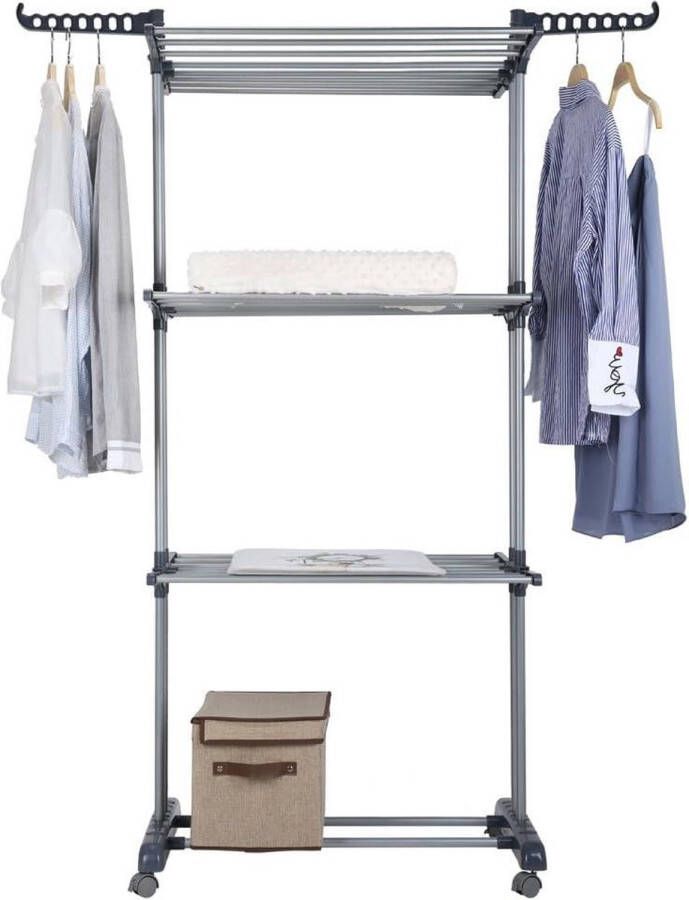 Droogrek op wielen Uittrekbaar en opvouwbaar wasrek Ruimtebesparend kledingrek 172 cm hoog Groot gezin 3 niveaus