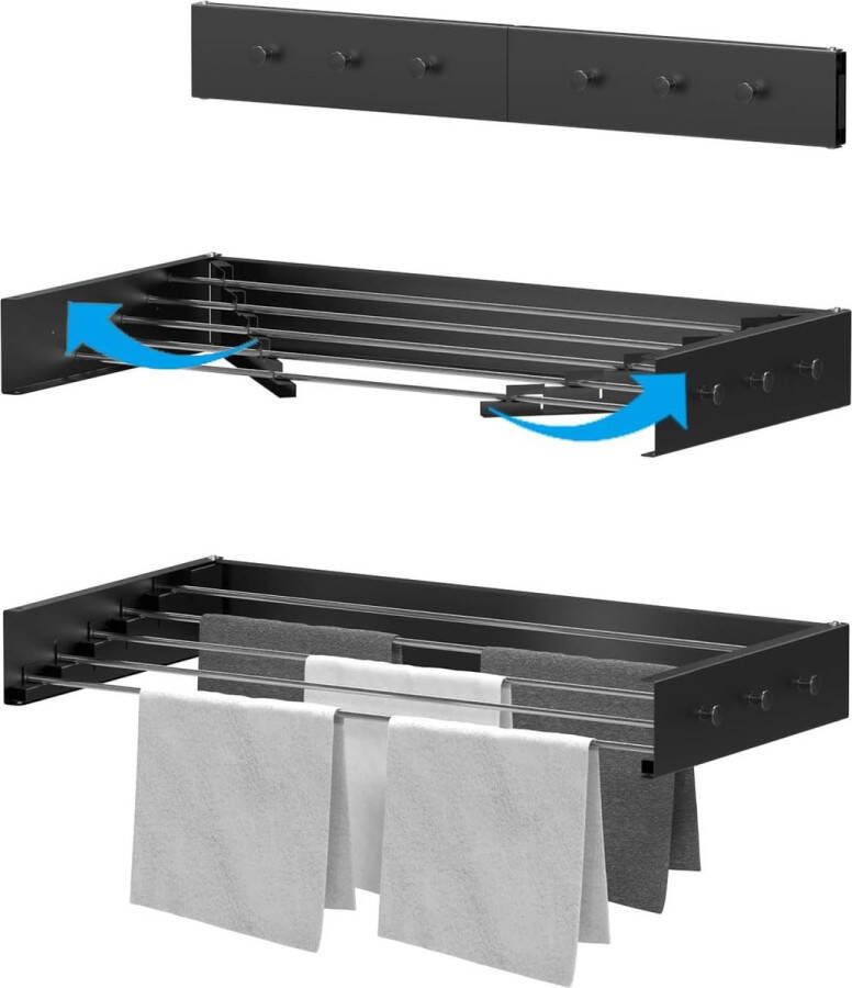 Droogrek voor aan de wand uittrekbaar en kledinghaak 80 cm van hangwasdroger in klein compact formaat wasrek voor binnen en buiten is uittrekbaar en zwart