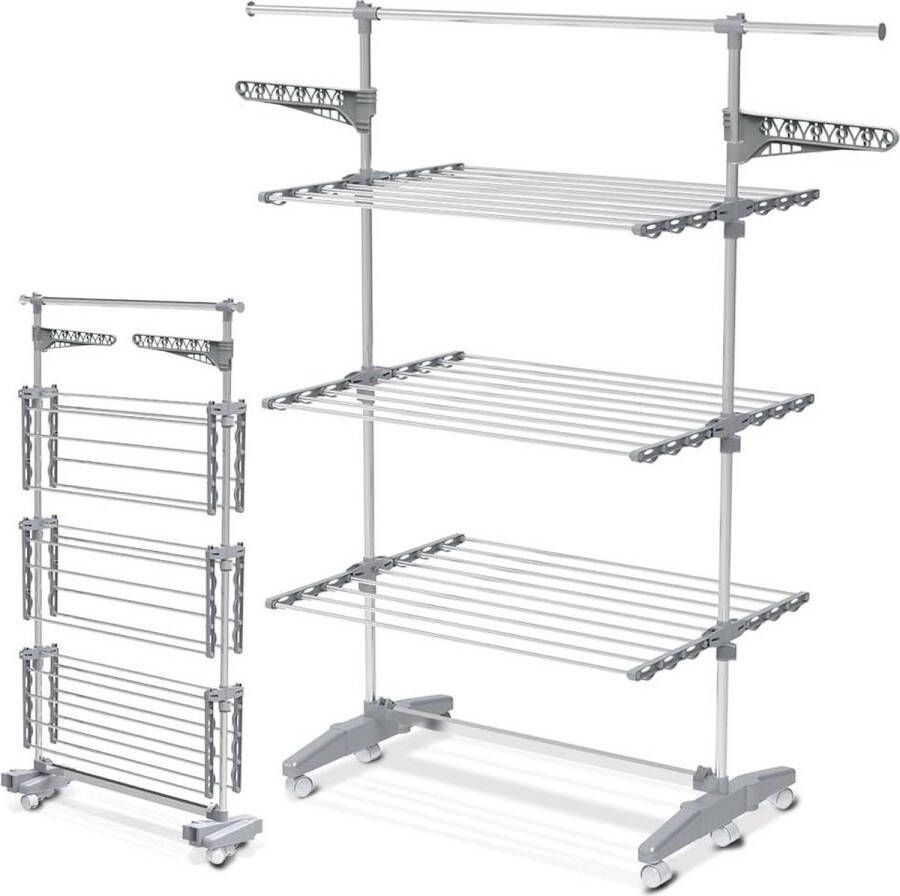 Droogrek voor binnen ruimtebesparend kledingrek met opvouwbare vleugels en wielen telescopische stang 23 m drooglengte 3 niveaus zilver 170 x 60 x 152 cm