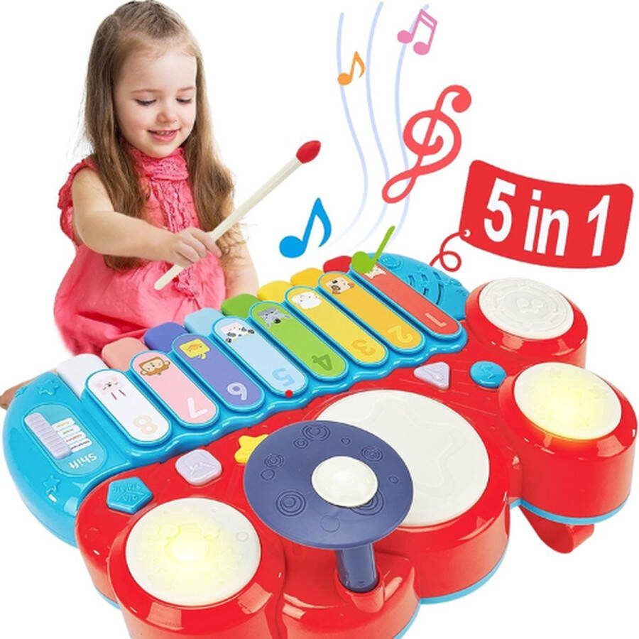 Drumset Xylofoon Piano 5 in 1 Peuter Speelgoed Baby Muziekinstrumenten Educatief Muziek Speelgoed Multifunctionele Piano Drum Set met Geluid Activiteit Speelgoed