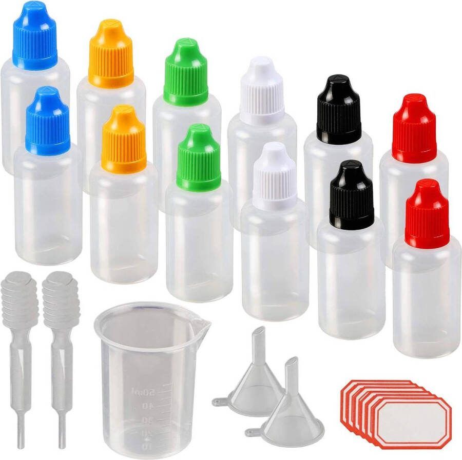 Druppelflessen set 17-delig 12x 30 ml lege plastic flessen doseerflessen vloeistofflessen kinderbeveiliging kleurrijk trechter pipet maatbeker doe-het-zelf krachtig