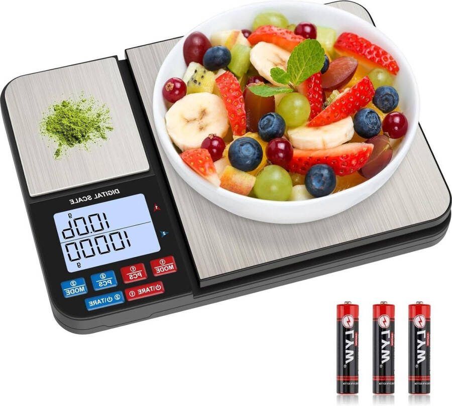 Dual Function Digitale Keukenweegschaal 10kg 1g & 500g 0.01g 7 Eenheden Tarra PCS Auto-Off Batterijen Inbegrepen