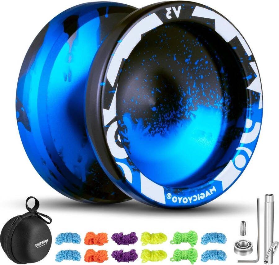 Dual Purpose JoJo V3 Yoyo voor kinderen Responsieve en niet-reagerende modus Metaal Yoyo met lagerset Inclusief 12 koorden en tas Zwart Blauw