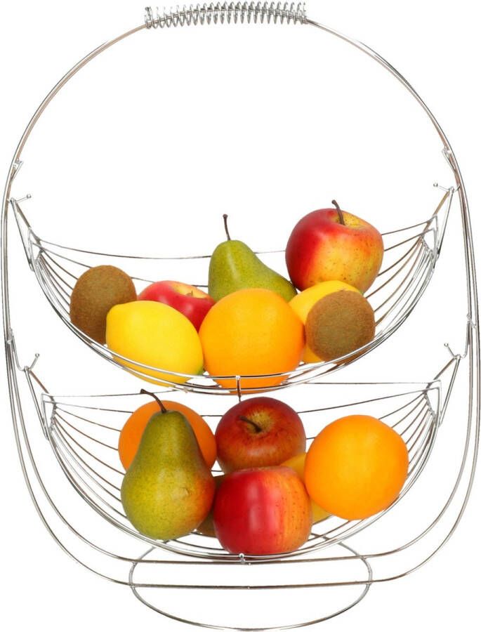 Secret de Gourmet Dubbele etagere fruitschaal fruitmand rond zilver metaal 34 x 25 x 46 cm Fruitschalen fruitmanden Draadmand van metaal