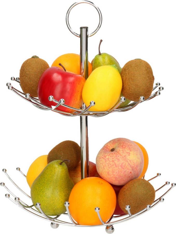 Secret de Gourmet Dubbele etagere fruitschaal fruitmand rond zilver metaal 36 x 40 cm Fruitschalen fruitmanden Draadmand van metaal