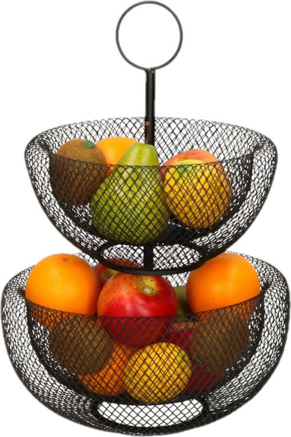 Trendo Dubbele etagere fruitschaal fruitmand rond zwart metaal 30 x 43 cm Fruitschalen fruitmanden Draadmand van metaal