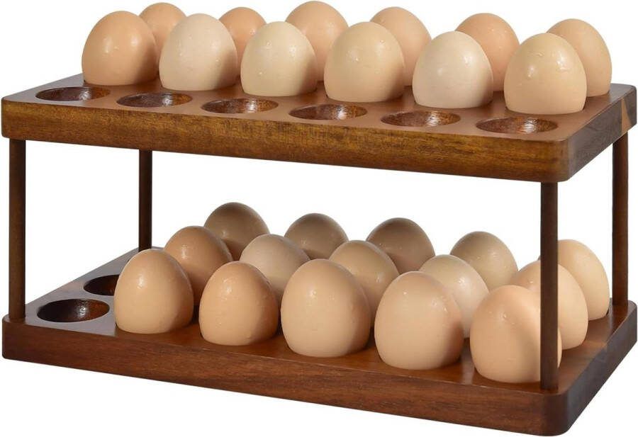 Dubbele houten eierhouder voor boerderij keuken acacia eierlade organizer 2 niveaus vers ei opbergrek mand 36 capaciteit egg tray