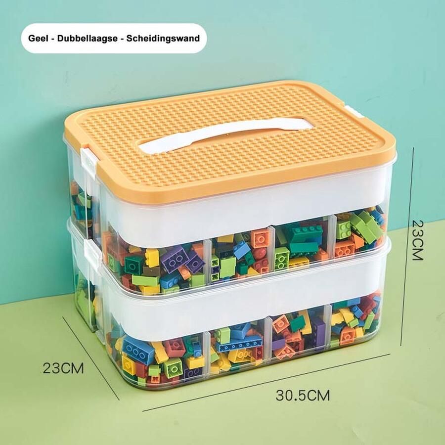 Dubbele Laag Bouwblokken Opbergdoos met deksel Geel met bouwplaat en scheidingswand Opbergdozen voor alle soorten bouwstenen Lego