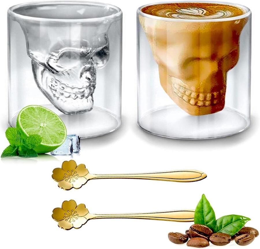 Dubbele laag Halloween Tumblers-Ciderglazen met schedel-Whisky en Wodka Shotglazen Set