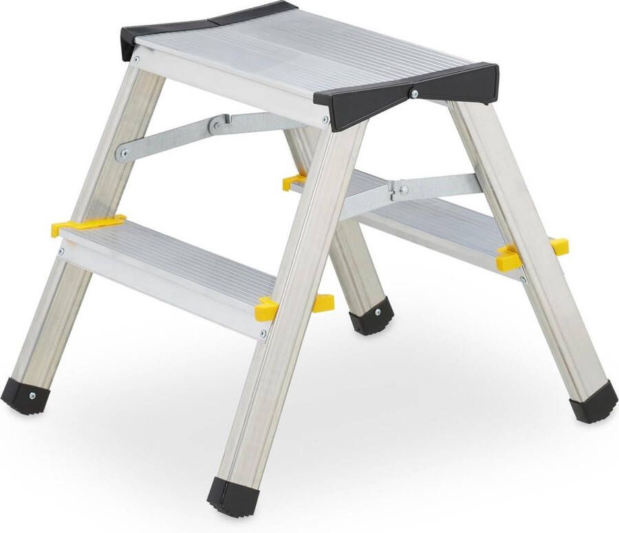 Dubbele trap inklapbaar 2 treden Lage huishoudtrap 125 kg Opstapje HBD: ca. 375 x 385 x 48 cm Zilver