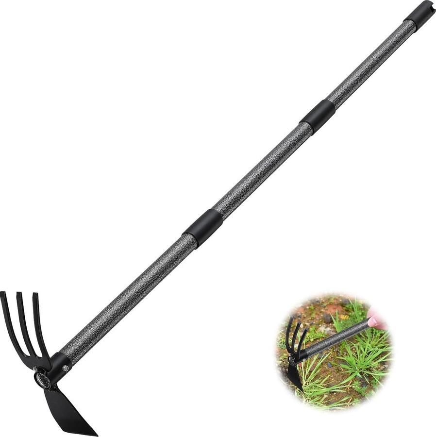 Dubbele tuinhak 110 cm met drietand stalen tweekoppige schoffel voor tuinverzorging en onkruid wieden dubbele hak
