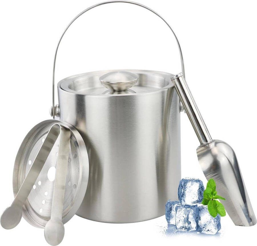 Dubbele wand Geïsoleerde IJsemmer 2 Liter Plafond IJs Kubushouder Roestvrij Stalen IJsemmer met Tang Schep en Ijsfilter IJs Kubushouder Roestvrij Staal voor het Koelen van Bier