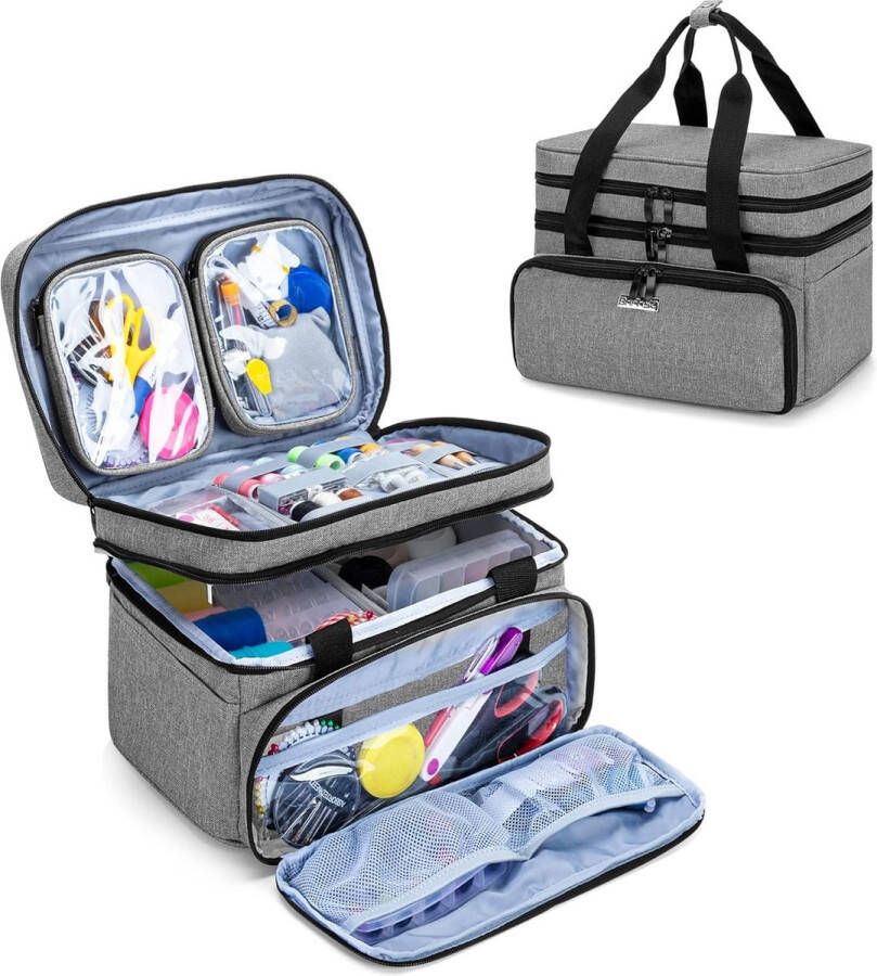 Dubbellaagse naaiset organizer tas voor naai-accessoires met grote ruimte en veel vakken naaiopbergtas voor haaknaalden naaigaren en naaigereedschap grijs (zonder accessoires)