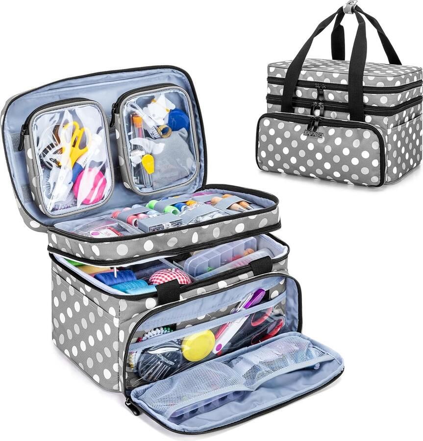 Dubbellaagse naaiset tas naai-accessoires organizer tas met grote ruimte en veel vakken naaiopbergtas voor haaknaalden naaigaren en naaigereedschap grijs punt (zonder accessoires)