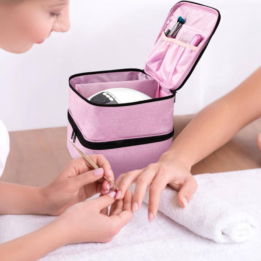 Dubbellaagse nagellak organizer draagbare draagtas voor nageldesign 30 flessen (15 ml 05 fl.oz) 1 nagellamp roze nagellak koffer