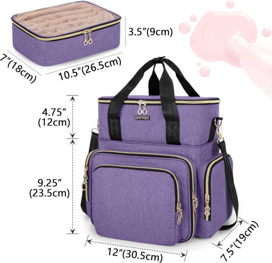 Dubbellaagse nagellak organizer tas voor 70 flessen (tot 15 ml) en nageldroger nagellaktas voor nagellamp nagellak accessoires en nageldesignsets (patent aangevraagd) paars