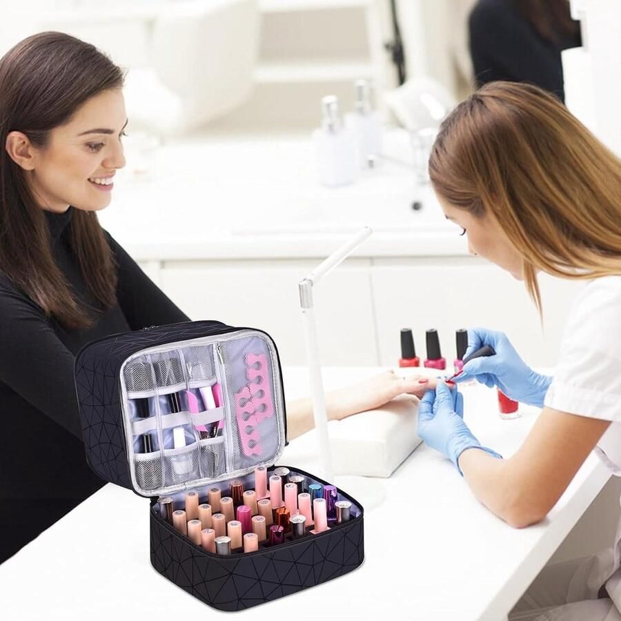 Dubbellaagse nagellaktas organizer voor 30 flessen Gebarsten zwart Nagellak opbergtas nagellak koffer