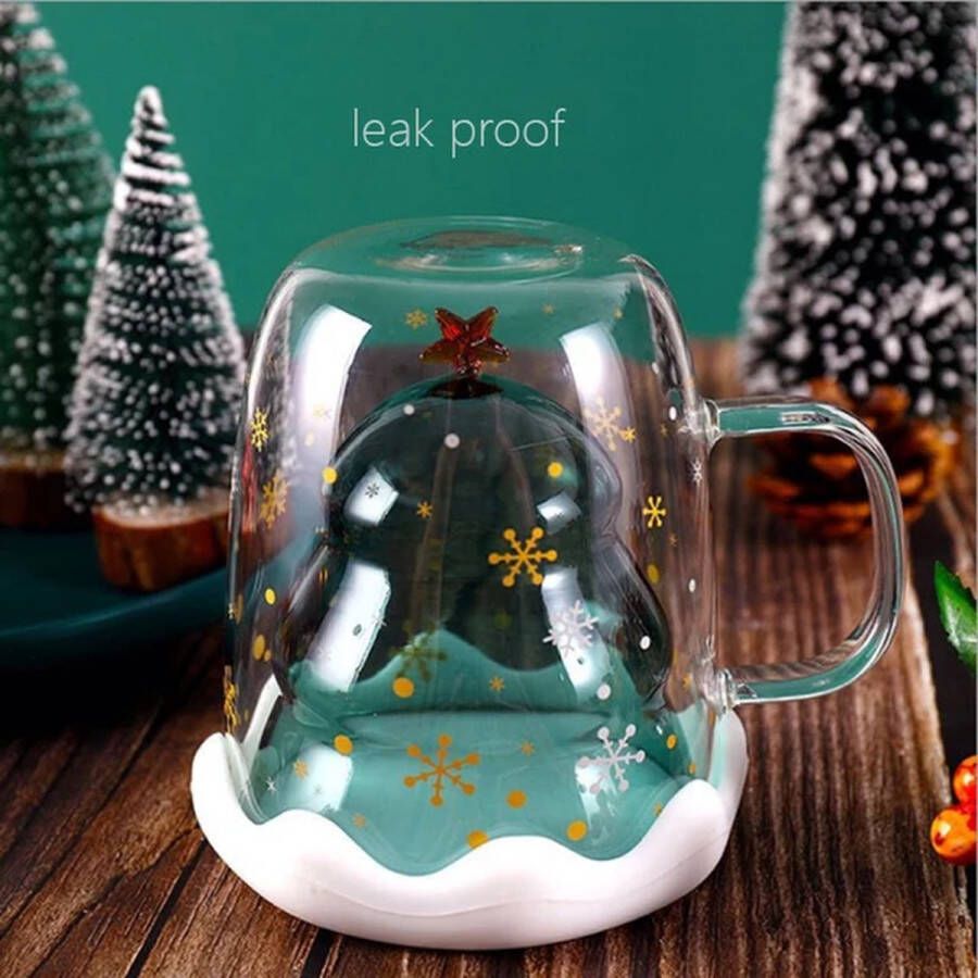 Dubbelwandig Kerstglas met onderzetter deksel- Kerstmok- Dubbelwandige glazen -Kerstbeker