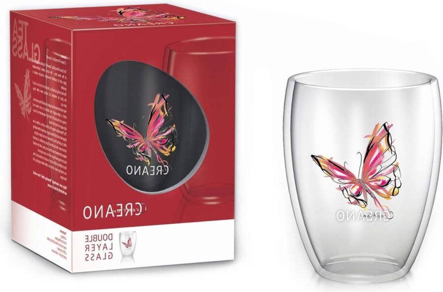 Dubbelwandig theeglas Colourfly vlinder 250 ml exclusieve geschenkdoos rood dubbelwandige theeglazen
