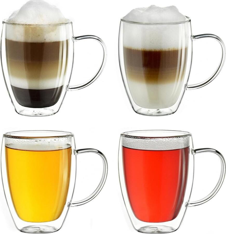 Dubbelwandig Theeglas koffieglas -hermisch glas met handvat groot van borosilicaatglas- 4 x 400 ml