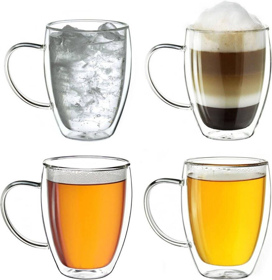 Dubbelwandig thermisch glas met handvat Groot theeglas koffieglas van borosilicaatglas 4 x 250 ml. dubbelwandige theeglazen