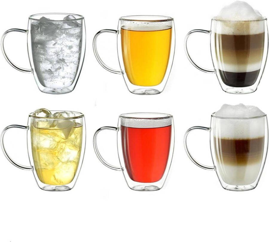 Dubbelwandig thermisch glas Theeglas koffieglas latteglas met handvat Groot borosilicaatglas 6 x 400 ml dubbelwandige theeglazen