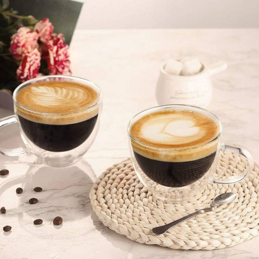 Dubbelwandige cappuccinokopjes glas latte macchiato glas borosilicaatglas koffiekopjes glas set van 2 350 ml koffieglazen theeglazen met handvat voor cappuccino thee ijs melk bier