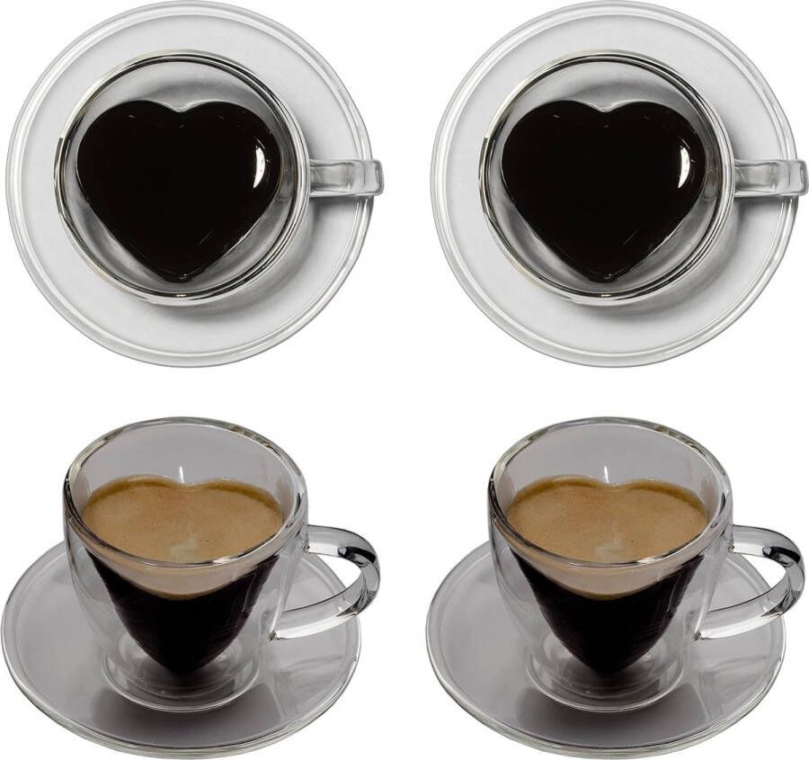 Dubbelwandige espressoglazen hartvormig (2 x 70 ml + 2 lepels) met handvat en onderzetter dubbelwandige glazen espressokopjes dubbelwandige koffieglazen thermoglazen dubbelwandig
