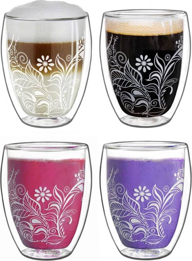 Dubbelwandige glazen 250 ml bloemig wit thermisch glas met decoratie dubbelwandige glazen set van 4