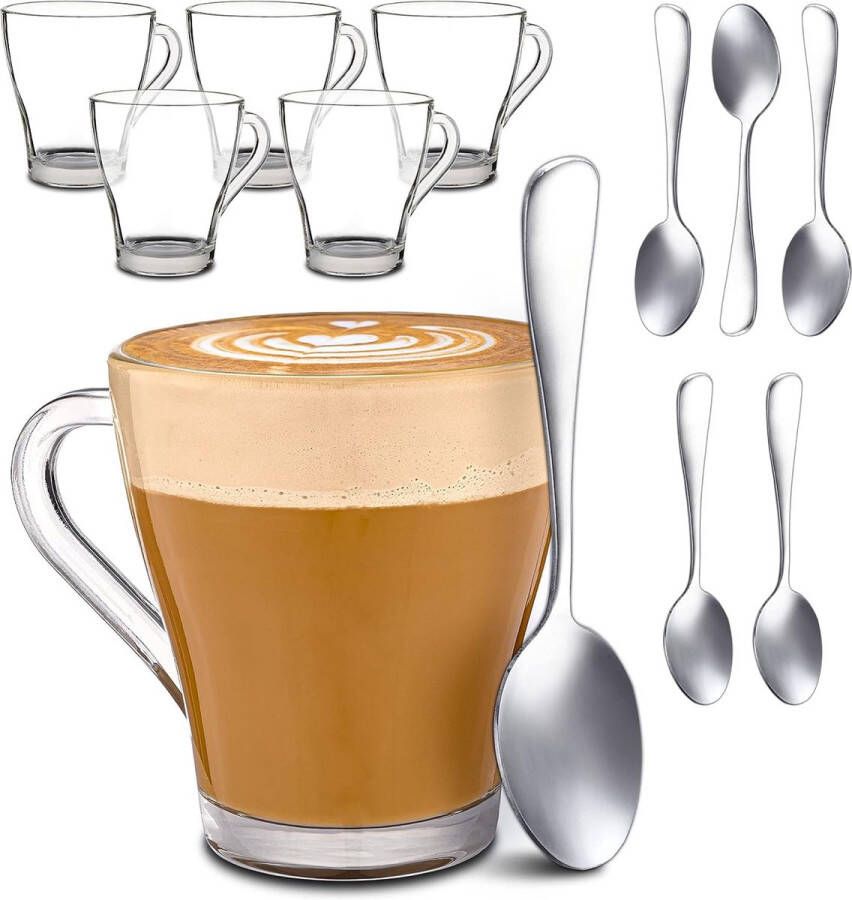 Dubbelwandige glazen 6 Cappuccinoglazen met handvat en lepel 250 ml Houdt lang warm Ideaal formaat voor volautomatische koffiemachines Vaatwasmachinebestendig