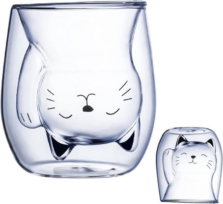 Dubbelwandige glazen dubbelwandige geïsoleerde glazen schattige kopjes theeglas dubbelwandig koffie theeglazen dubbelwandig glas (200 ml) (blije kat)