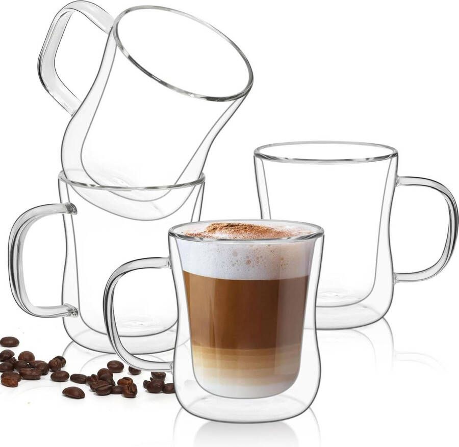 Dubbelwandige Glazen Koffiebekers Set Van 4 250 ml Borosilicaat Glazen Mokken Met Handvat Hittebestendig Geïsoleerde Thermobeker Voor Thee Cappuccino Latte Warm Koude Dranken dubbelwandige theeglazen