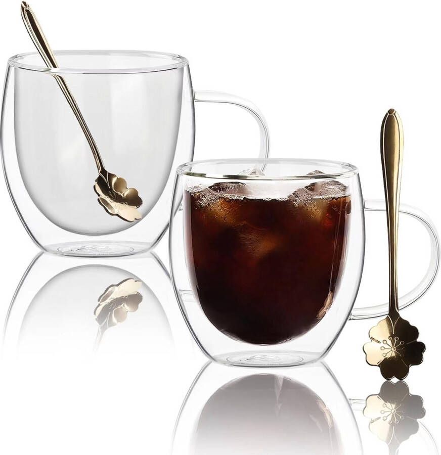 Dubbelwandige glazen koffiekopjes met 2 lepels 250 ml set van 2 geïsoleerde glazen koffiekopjes met handvat heldere koffiekopjes voor cappuccino espresso latte thee hittebestendige glazen voor