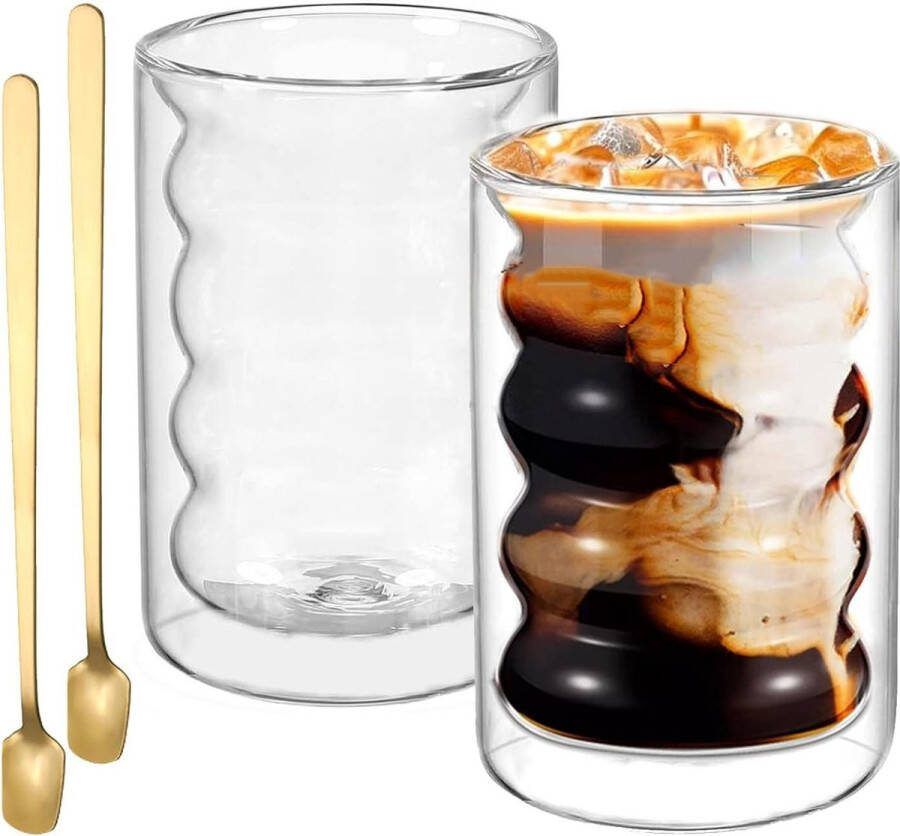 Dubbelwandige glazen latte macchiatoglas 350 ml set van 2 cappuccino koffiekopjes borosilicaatglas theeglazen met lepels voor thee ijs melk sap dubbelwandige theeglazen
