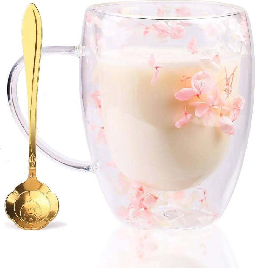 Dubbelwandige glazen met lepel droge bloemen theeglazen handvat en 350 ml thermoglazen gepersonaliseerde cadeaus vrouw oma moeder verjaardag dubbelwandige theeglazen