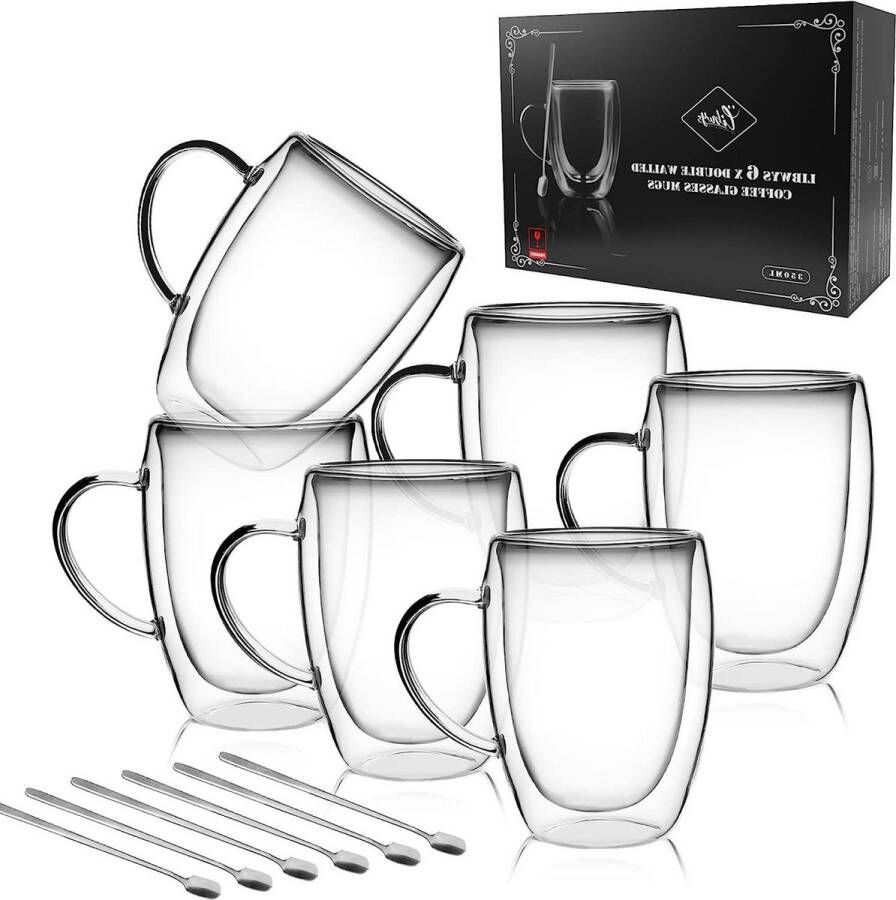 Dubbelwandige glazen mokken Set van 6 350 ml Hittebestendige koffiekopjes met handvat Cappuchino glazen
