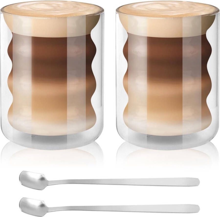 Dubbelwandige glazen set van 2 200 ml latte macchiato-glazen cappuccinokopjes koffieglazen van borosilicaatglas thermoglas met 2 lepels ijsbeker glas dessertglazen