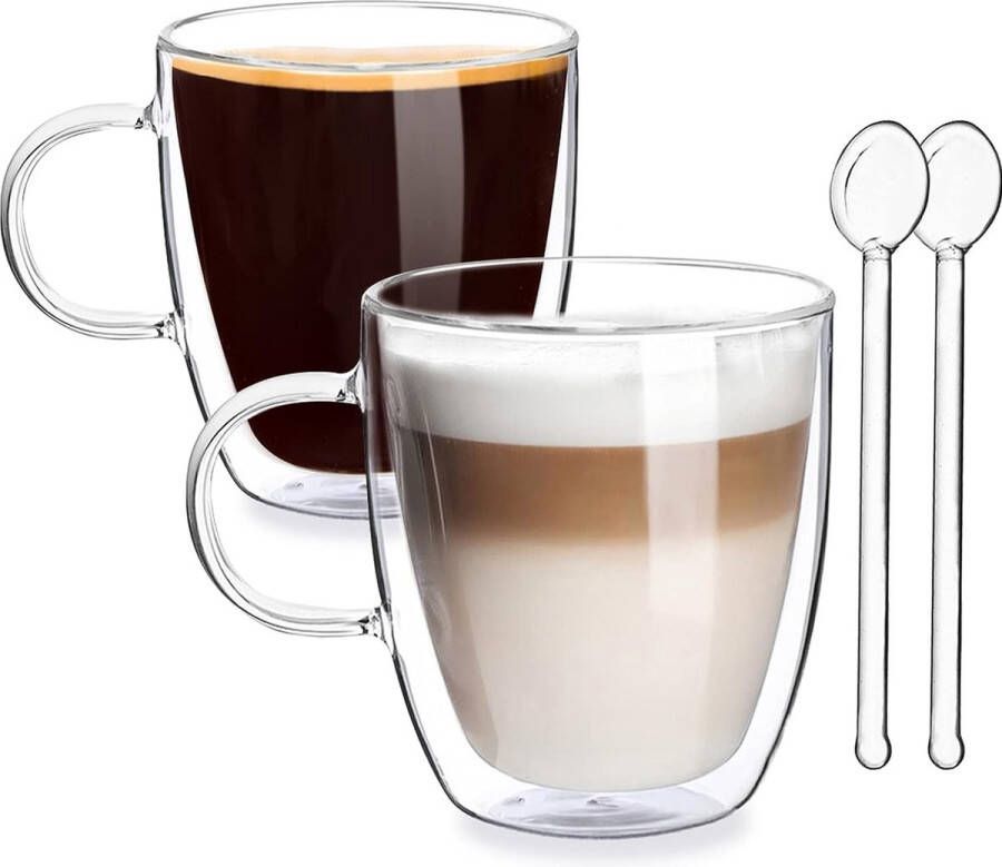 Dubbelwandige glazen set van 2 400 ml thermoglas met handvat borosilicaatglas koffieglas met glazen lepel voor latte cappuccino melk thee sap ijs