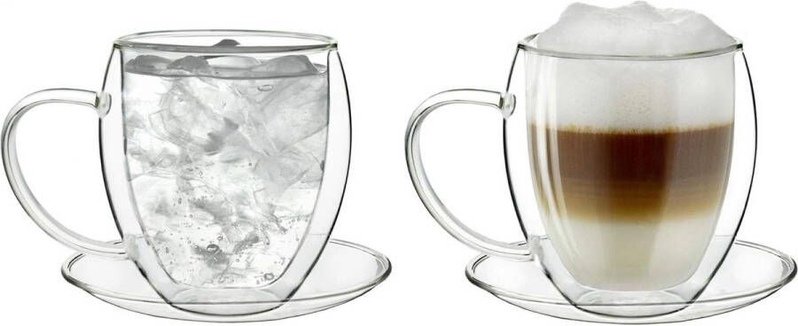 Dubbelwandige glazen thermokopjes 250 ml set van 2 met onderzetter theekopje koffiekopje zwevend effect handvat geschenkverpakking dubbelwandige theeglazen