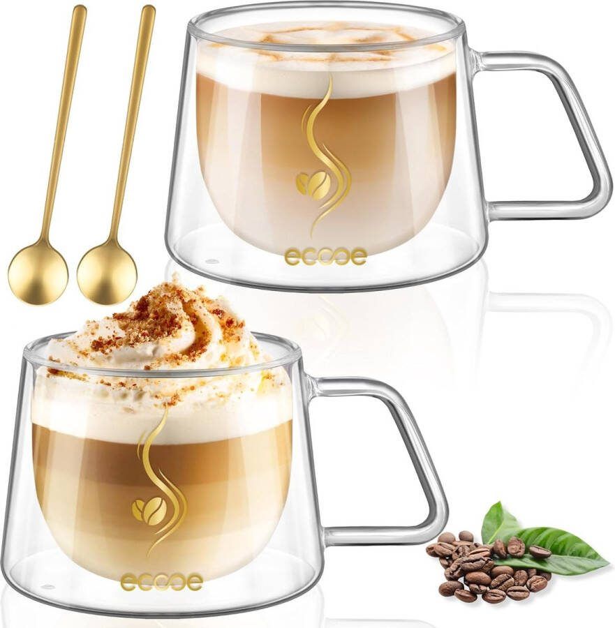 Dubbelwandige koffieglazen 350 ml latte macchiato-glazen set van 2 borosilicaatglas koffiekopjes glas dubbelwandig koffieglas theeglazen met handvat lepel voor cappuccino thee ijs