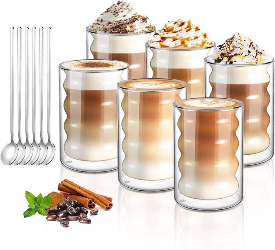 Dubbelwandige koffieglazen 350 ml set van 6 theeglazen voor cappuccino thee borosilicaatglas latte macchiatoglas met lepel ijs melk bier dubbelwandige theeglazen