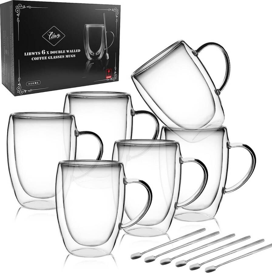 Dubbelwandige koffieglazen 6x 350 ml met lepel cappuccino latte macchiato drinkglazen thermische theekopjes met handvat hittebestendige koffiekopjes