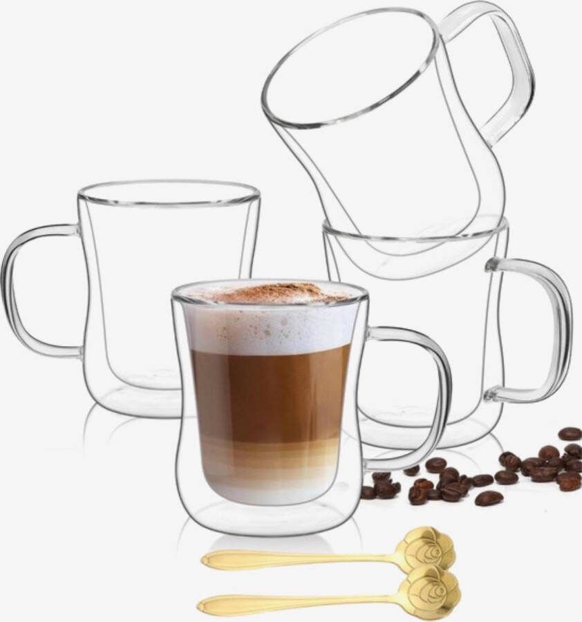 Cliste Dubbelwandige Koffieglazen Met Oor Met Gratis 4x Goud Lepels Latte Macchiato Glazen 250ML Dubbelwandige Theeglazen 4x Cappuccino Glazen