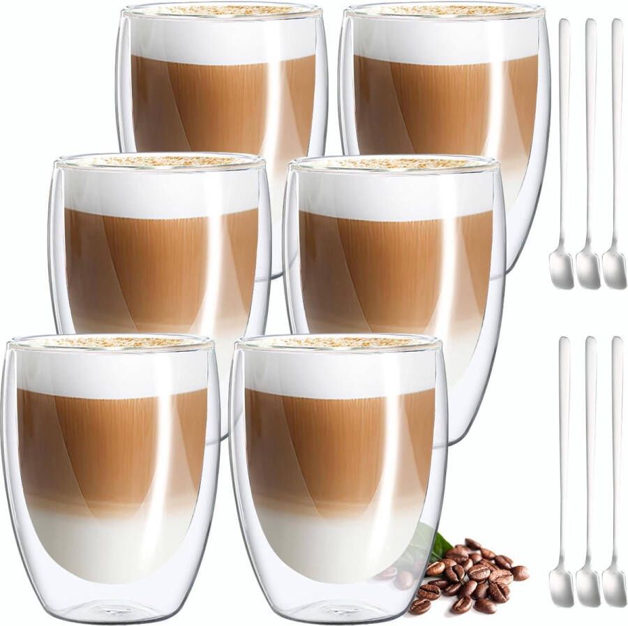 Dubbelwandige latte macchiato-glazen koffieglas theeglazen mokkakopjes Koffiekopjes espressokopjes kopjes Cappuccino kopjes 6X 310ml + 6x Stainless Steel Spoons