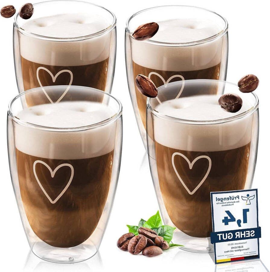 Dubbelwandige Latte Macchiato Glazen Set 4 stuks (350 ml) Helder kristal thermoglas Ideaal voor Cappuccino Koffie en Thee dubbelwandige theeglazen