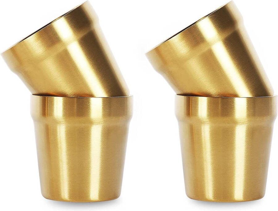 Dubbelwandige mokken (set van 4 gouden) stapelbaar koffiemok theekopje chillen bierglazen roestvrijstalen beker ideaal voor reizen outdoor camping en dagelijks gebruik 175 ml