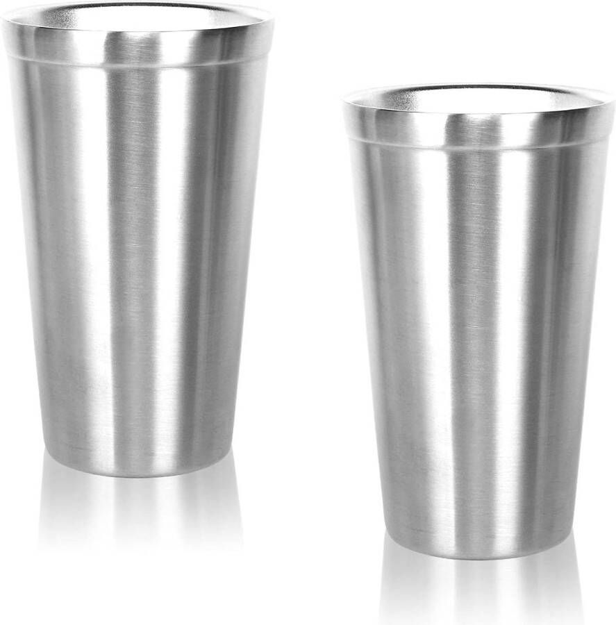Dubbelwandige roestvrijstalen geïsoleerde mokken (set van 2) stapelbare koffiekop theekop koelbierglazen ideaal voor kinderen reizen buiten kamperen en het dagelijks leven 16 oz (480 ml zilver)