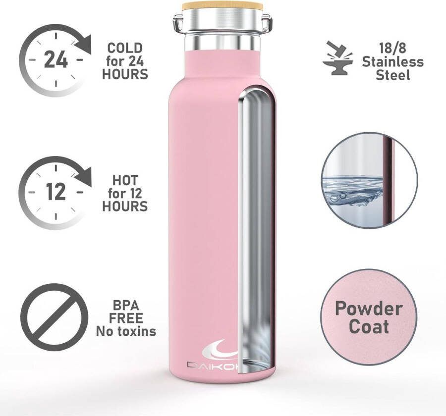 Dubbelwandige roestvrijstalen thermosfles die drank urenlang warm of koud houdt twee doppen roze 1 L